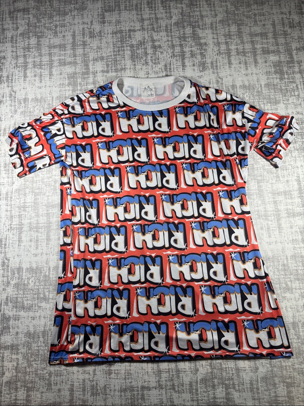 Logo All-Over Print Short Sleeve Tee in Red, Blue & White - Womens 30.5X22PTP